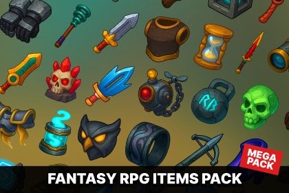 幻想 RPG 物品包 – 武器、文物和装备图标(2D 风格化)