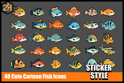 40 Cartoon Fish Icons | Sticker Style