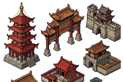 東方古風像素民居與宮殿建築群 - 2.5D Isometric 遊戲資產包