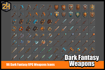 96 Dark Fantasy RPG Weapons Icons